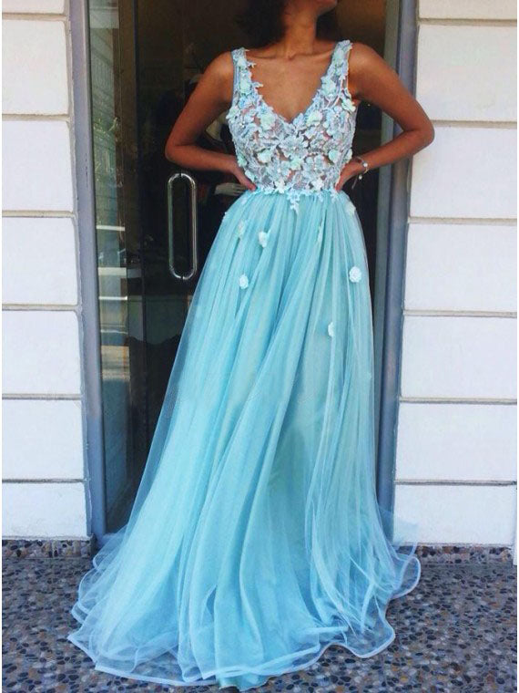 A-line V-Neck Floor-Length Tulle Long Prom Dress with Appliques OKQ96