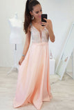 A-line V-Neck Floor-Length Pearl Pink Prom Dress with Beading OKR6