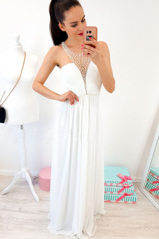 A-line Crew Floor-Length White Chiffon Prom Dress with Pearls OKR5