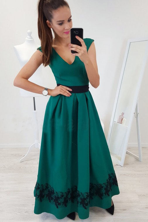 A-line V-Neck Cap Sleeves Floor-Length Dark Green Prom Dress with Lace Pleats OKR3