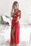 Two Piece Strapless Floor-Length Red Chiffon Prom Dress with Appliques OKQ98