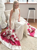 Mermaid Sleeveless Long White Printed Detachable Prom Dresses OKL36