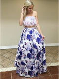 Two Piece Strapless Floor-Length Floral Printed Prom Dress with Lace Top OKQ97