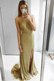 Sexy Sheath Halter Backless Sweep Train Gold Prom Party Dresses with Split OKG3