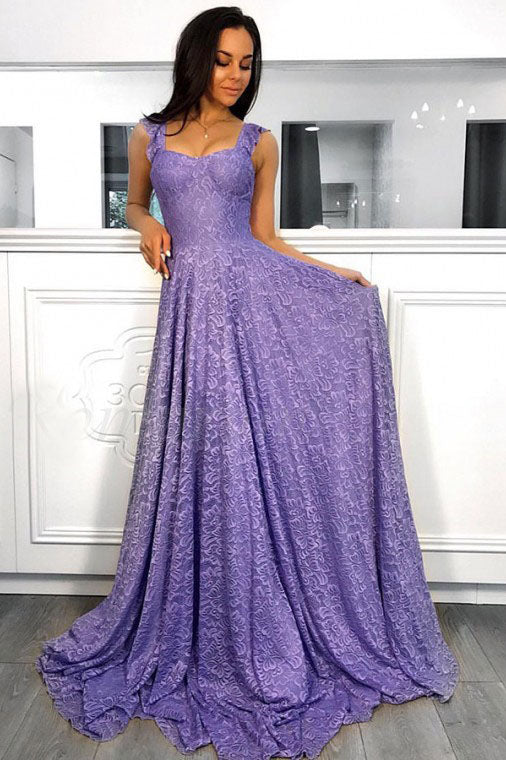 A-line Straps Sleeveless Sweep Train Lavender Lace Prom Dress OKR8