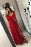 A-Line V-Neck Floor-Length Red Prom Dresses with Split Ruffles OKL84