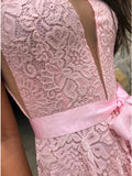 A-Line V-Neck Sweep Train Pink Lace Prom Dresses with Split OKP10
