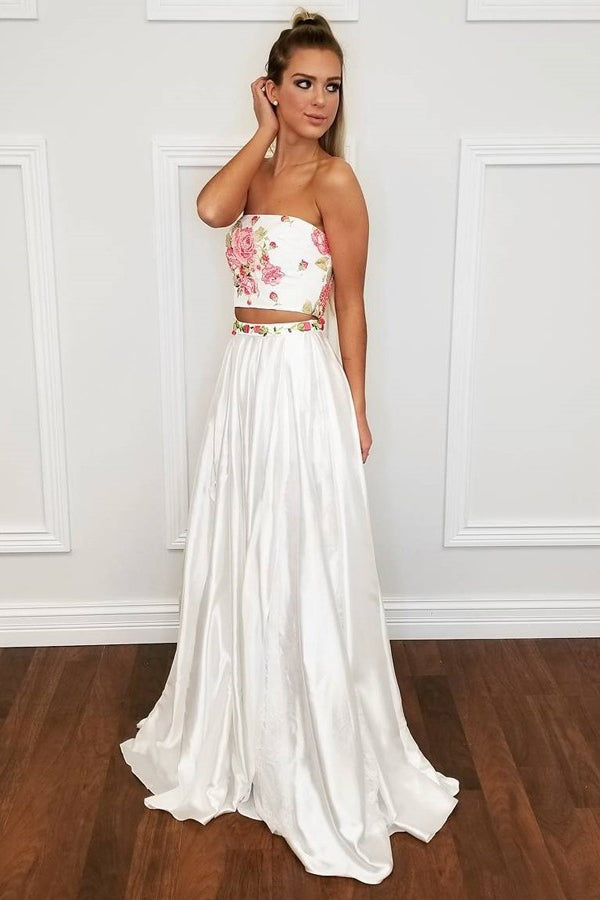Two Pieces Strapless Floor-Length Off White Prom Dress with Floral Appliques OKI71