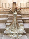 Mermaid Long Split Prom Dress Gold Sequined Evening Dresses with Sleeves OKP6