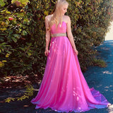 A-Line Sweetheart Sweep Train Fuchsia Chiffon Prom Dresses with Beading Ruched OKQ68