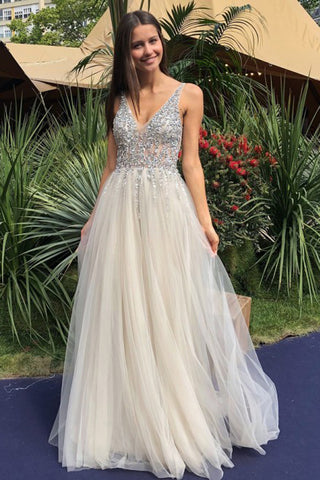 A-Line V-Neck Backless Floor-Length Ivory Tulle Prom Dresses with Beading OKN20