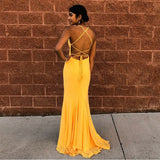 Mermaid Spaghetti Straps Floor-Length Yellow Sexy Prom Dresses OKQ67