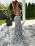 Sexy Mermaid Sweetheart Backless Silver Prom Dresses with Split Beading OKH35