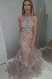 Stunning High Neck Blush Two Piece Prom Dresses with Beading OKH34