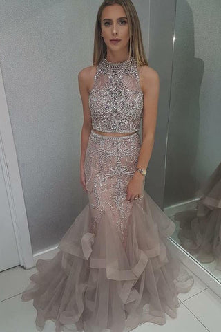 Stunning High Neck Blush Two Pieces Prom Dress with Beading OKH34