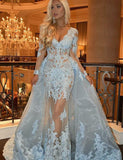Detachable V-Neck Long Sleeve Prom Dresses with Lace Appliques Light Blue Evening Gown OKH28