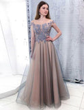 Cap Sleeves Bateau Long Tulle Beading Prom Dresses with Appliques OKH29