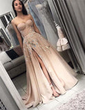 Elegant Sweetheart Long Split Prom Dresses with Appliques A Line Evening Dress OKH30