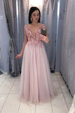 A-Line V-Neck Floor-Length Pink Prom Party Dresses with Sequins OKL69
