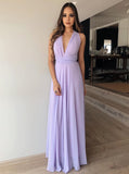 A-Line V-Neck Floor-Length Lilac Chiffon Prom Bridesmaid Dresses OKL74