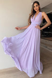 A-Line V-Neck Floor-Length Lilac Chiffon Prom Bridesmaid Dresses OKL74