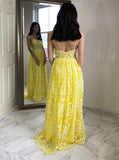 Charming A-Line Spaghetti Straps Floor-Length Yellow Lace Prom Dresses OKL73