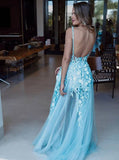 A-Line V-Neck Backless Light Blue Prom Dresses with Appliques OKL75