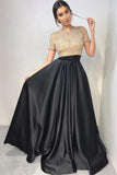 Two Piece Crew Short Sleeves Floor-Length Black Prom Dresses with Beading OKL89