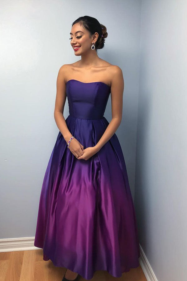 A-Line Sweetheart Ankle-Length Ombre Purple Satin Prom Dresses with Pleats OKL90