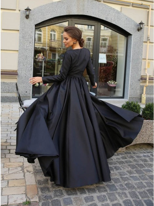A-Line Round Neck Long Sleeves Black Long Prom Dresses OKK61