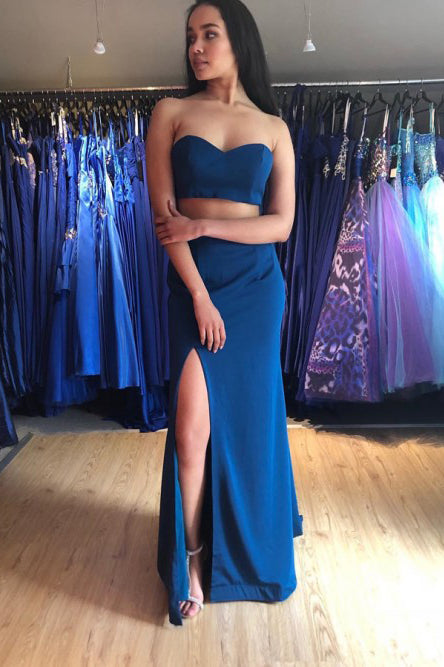 Two Piece Mermaid Sweetheart Royal Blue Prom Dresses with Split OKN13