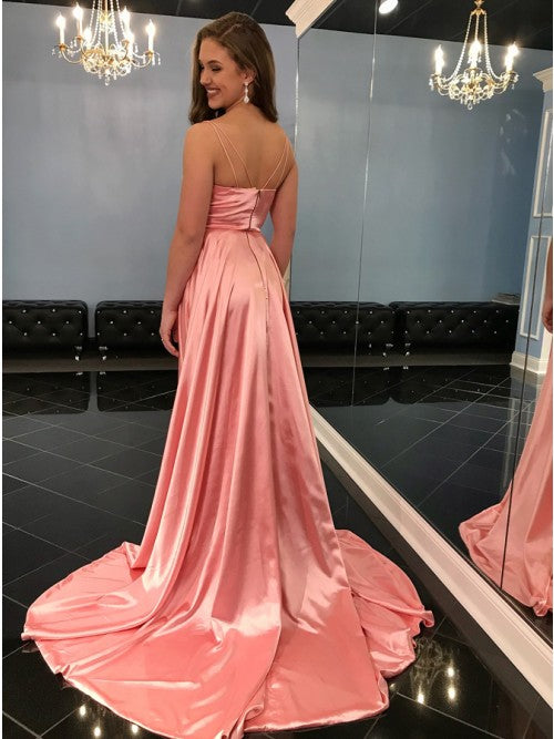 A-Line Spaghetti Straps Sweep Train Pink Prom Dresses with Split OKN18