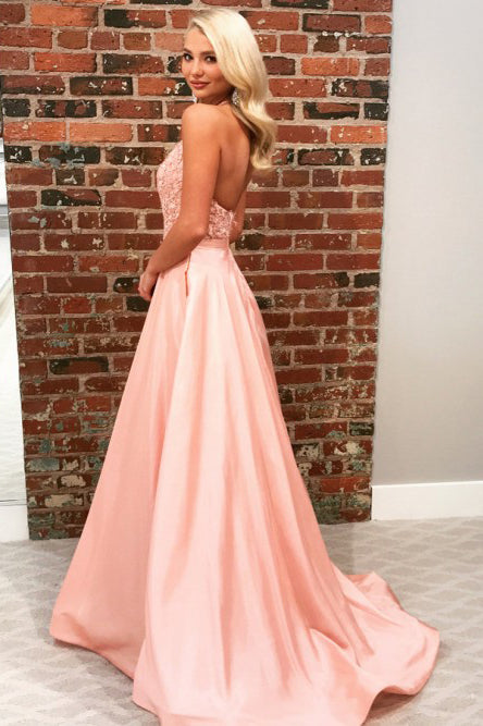 A-Line Halter Backless Sweep Train Pink Prom Dresses with Appliques OKN21