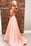 A-Line Halter Backless Sweep Train Pink Prom Dresses with Appliques OKN21