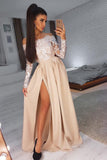 A-Line Off-the-Shoulder Long Sleeves Prom Dresses with Lace Appliques Split OKN26