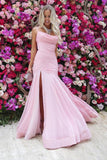 Mermaid Spaghetti Straps Floor-Length Pink Prom Dresses with Split Ruched OKN29
