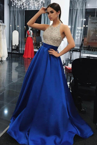 A-Line Halter Backless Sweep Train Royal Blue Prom Dresses with Beading Pockets OKN33