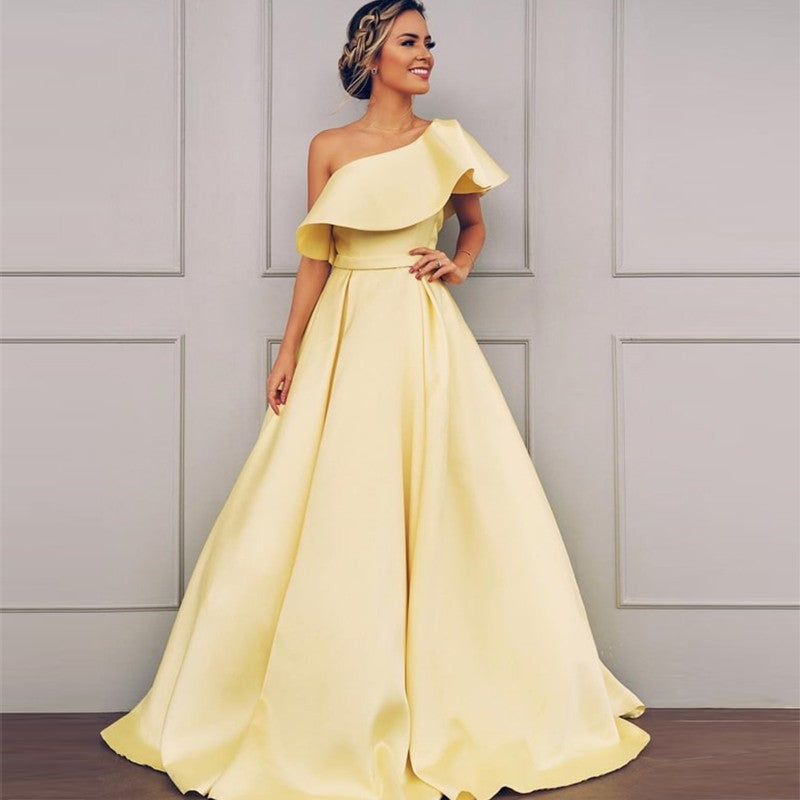 A Line One Shoulder Satin Yellow Simple Prom Dresses With Ruched OKK71