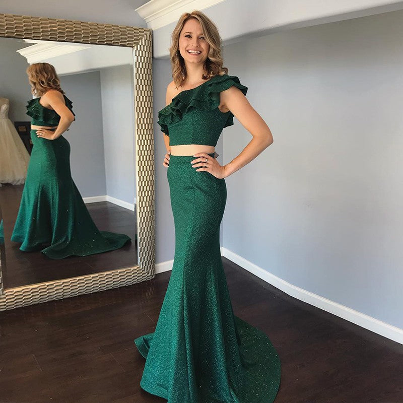 Fashion Two Pieces Mermaid One Shoulde Green Prom Dress With Ruffles OKK69