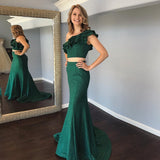 Cheap Two Pieces Mermaid One Shoulde Green Prom Dresses With Ruffles OKK69