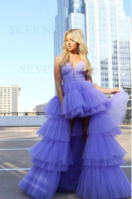Lavender High Low Layers Tulle A-line Prom Dress with Beading OKS77