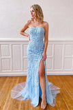 Sky Blue Mermaid Strapless Appliqued Prom Dress Long Evening Dress OKT48