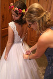 White Bateau Neck A-line Beading Organza Long Wedding Dress OK552