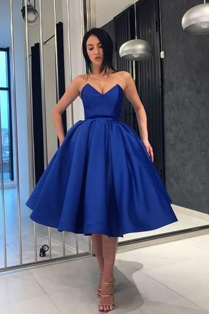 Ball Gown V Neck Royal Blue Strapless Prom Dress with Pockets, Elegant Homecoming Dresses OKM64