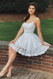 A-line Lace Backless Spaghetti Straps Short Homecoming Dress Graduation Dress OKX81