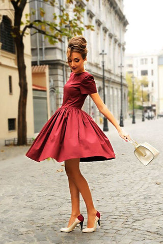 Cute A Line Short Sleeves Burgudny Homecoming Dress, Elegant Evening Dresses OKM59