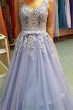 Lavender Lace Up Backless V-neck Lace Beading Tulle Prom Dress K718