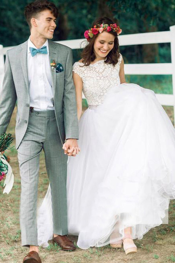 Elegant Off White Tulle Backless Wedding Dresses with Crystal Sash OKL47