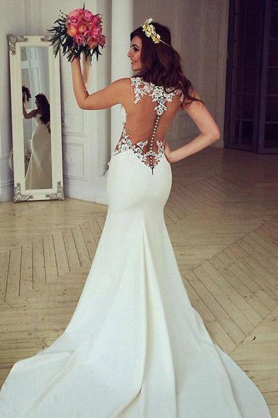 Stunning Mermaid Sleeveless Lace Chapel Train Wedding Dresses With Appliques OK546