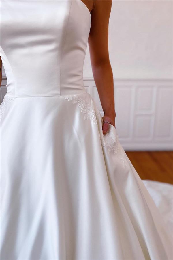 Elegant Lace Appliques Long Strapless Satin Off White Wedding Dress with Pockets OKY65